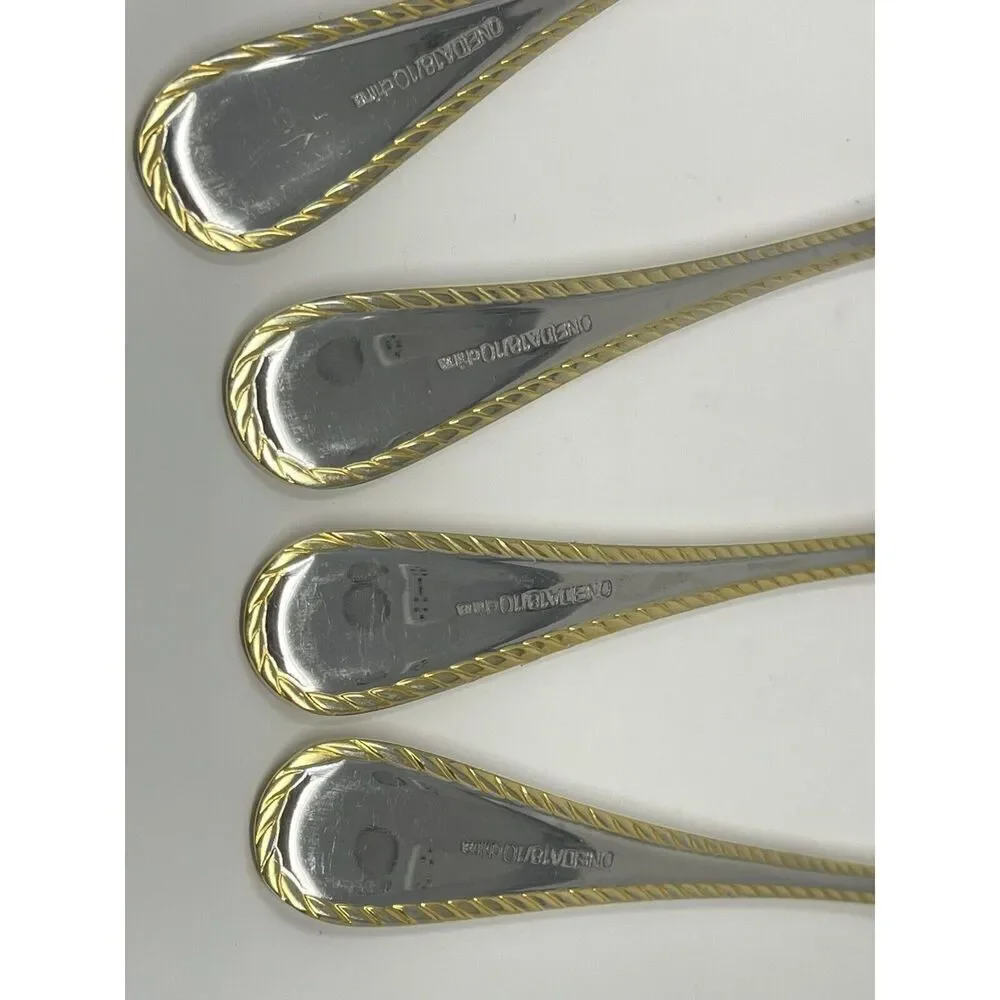 Oneida GOLDEN BELMONT Stainless Rope Edge Gold Accent Teaspoons 6” Set Of 4